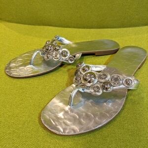 Coach Olivia flip flop sandal Silver Metallic Embellished Op Art Embossed